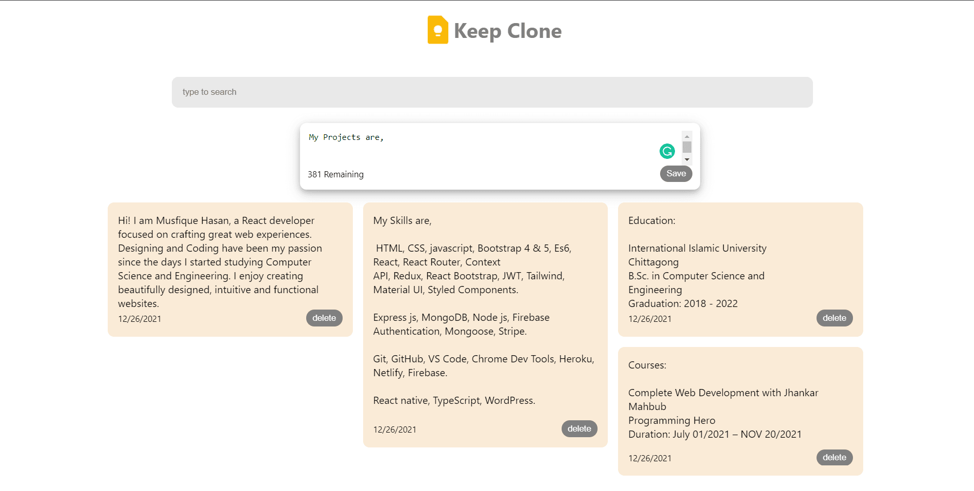 Full-page screenshot of Keep-Clone